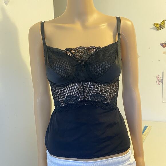 VTG Toning Top Women 36B Cami Shape Wear Black Lace Goth Grunge Adjustable Strap - Picture 5 of 9